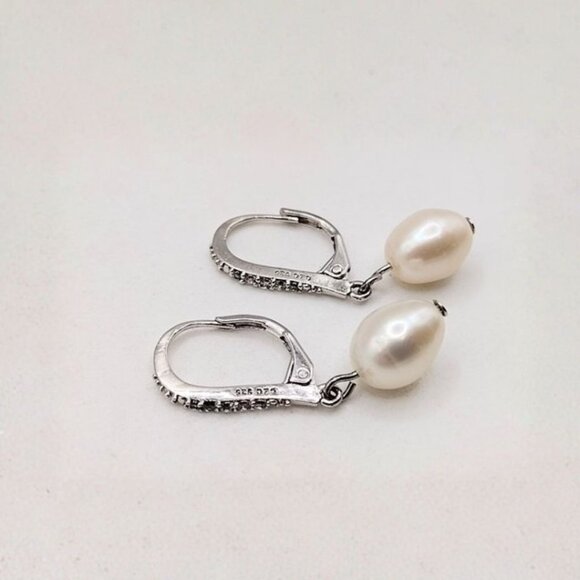925 Sterling Silver Jewelry - Sterling Silver Freshwater Pearl Leverback Earrings with CZ Accents